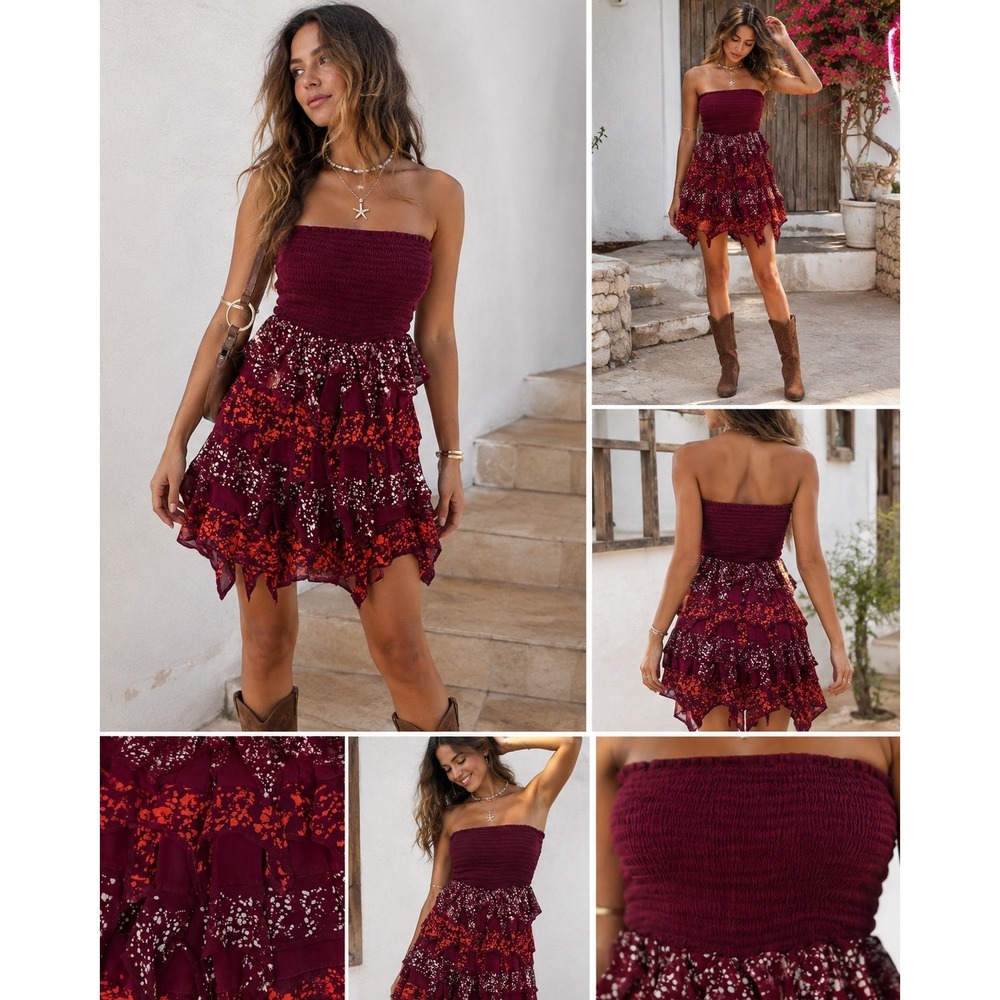 Fashion Terminal Strapless Smocked Tiered Mini Dress Burgundy Boho